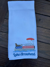 Load image into Gallery viewer, Lake Arrowhead Patriotic Puppy Pontoon Tea Towel