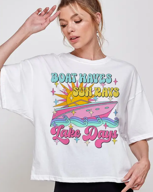 BOAT WAVES, SUN RAYS, LAKE DAYS- relaxed crop shirt (white)