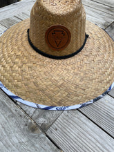 Load image into Gallery viewer, Palm Tree + Navy Stripes Lifeguard 100% Straw handwoven hat w/leather patch- UPF 50+
