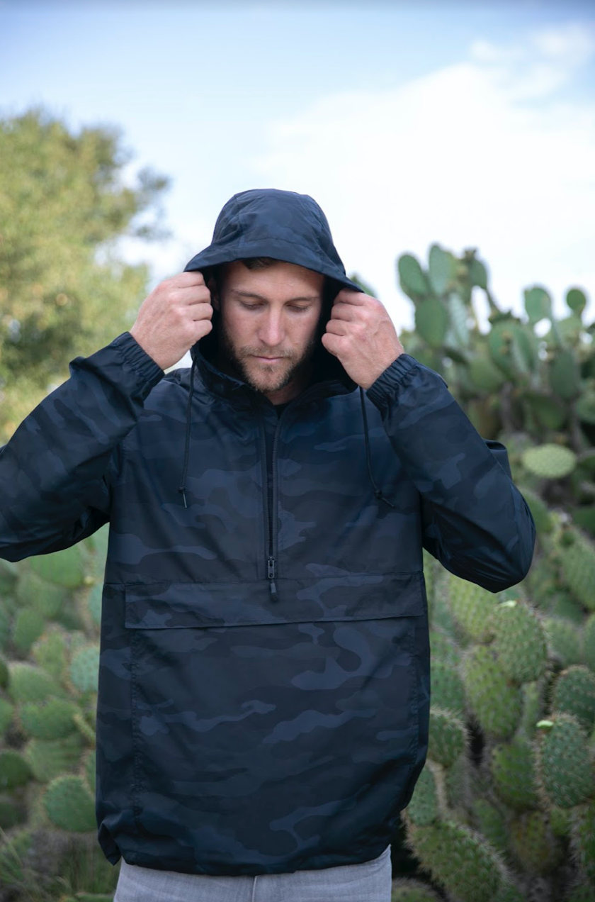 WATER RESISTANT WINDBREAKER ANORAK JACKET BLACK CAMO