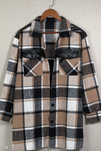 Load image into Gallery viewer, WOMEN&#39;S LONG PLAID COAT: SADDLE/BLACK/WHITE
