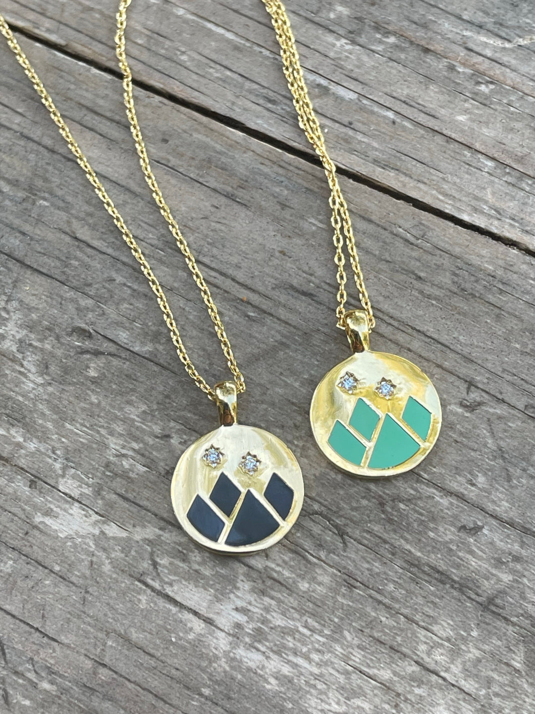 Dainty Mountain Coin Disc Pendant Necklace- BLACK or MINT/GOLD