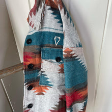 Load image into Gallery viewer, Aztec Print Long Sleeve Shacket - &#39;sunset&#39; -turquoise, red, browns matte ivory arrowhead
