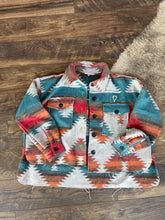 Load image into Gallery viewer, Aztec Print Long Sleeve Shacket - &#39;sunset&#39; -turquoise, red, browns matte ivory arrowhead
